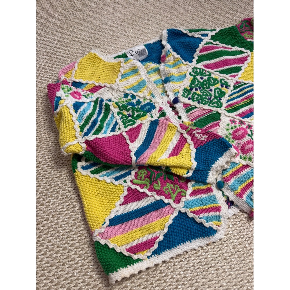Lilly Pulitzer Vintage Patchwork Floral Knit Cardigan Sweater pastel Cottagecore - Picture 12 of 12